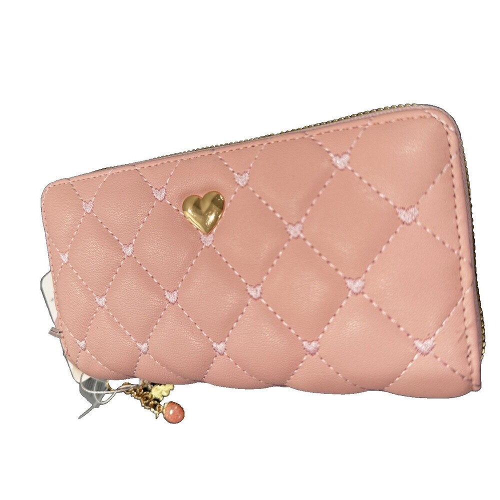 BLUSH KISS Pink Heart Double Zip-Around Wallet NWT